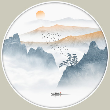 水墨山水畫圓形鏡心