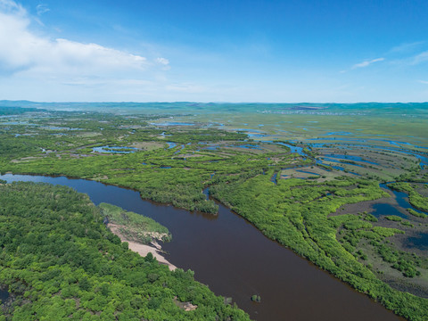 航拍森林河流湿地