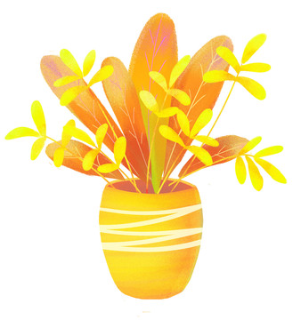 手绘卡通植物花瓶金色免抠元素