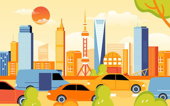 城市建筑風(fēng)光街道交通道路插畫