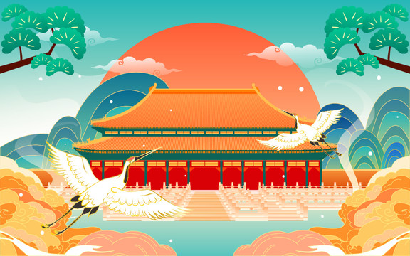 城市建筑國(guó)潮中國(guó)風(fēng)故宮背景插畫