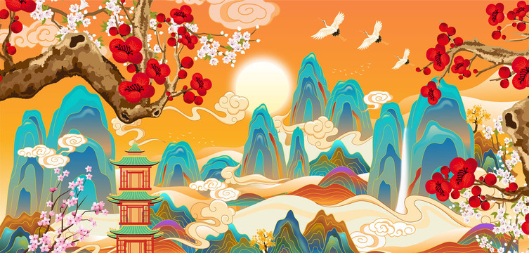 國潮山水仙境插畫