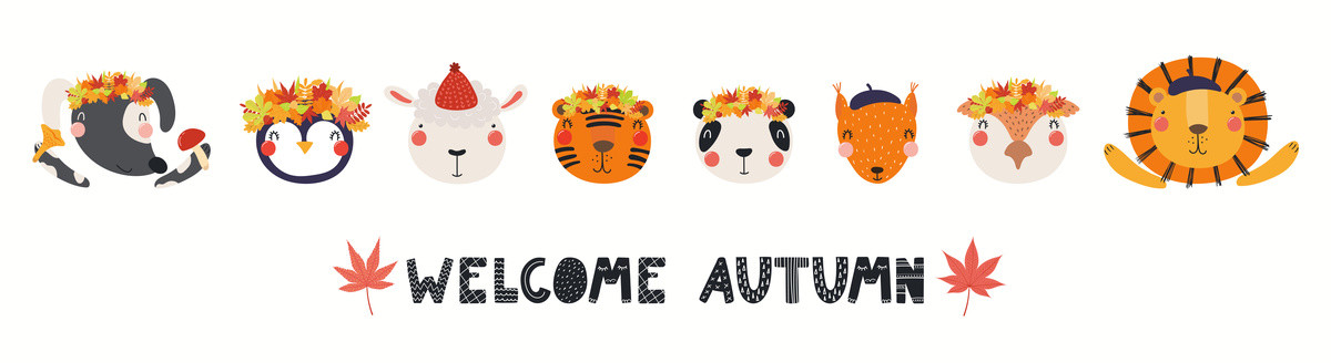 秋天枫叶装饰可爱动物插图