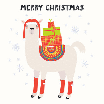 可爱羊驼载运圣诞礼物插图