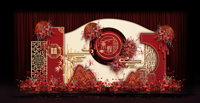 新中式合影區(qū)婚禮手繪效果圖