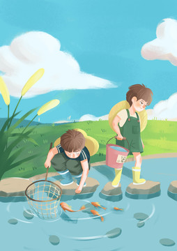儿童插画捕鱼童趣