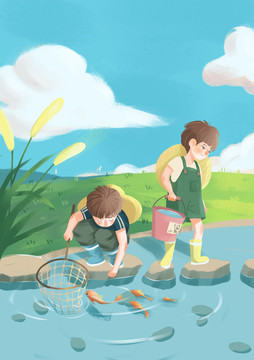 兒童插畫捕魚童趣