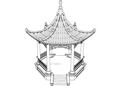 攢尖六角亭線描鳥瞰圖