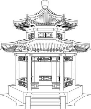 双层重檐六角亭正立面图