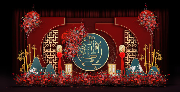 新中式紅藍(lán)合影區(qū)婚禮手繪效果圖