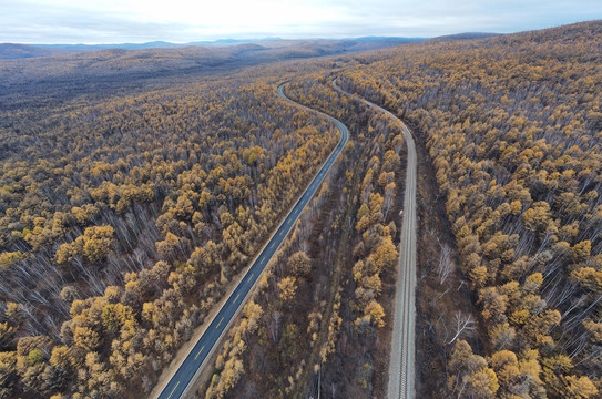 航拍深大兴安岭森林中的公路