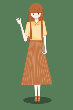 女性員工穿著橙色的衣裙招手