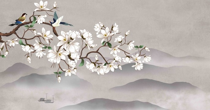 新中式玉蘭花鳥壁畫