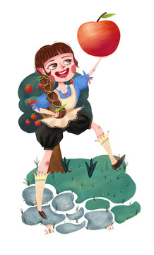 手繪插畫卡通蘋果女孩