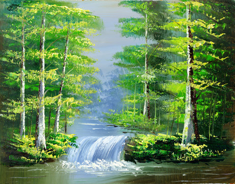 樹林小溪流水景油畫無框畫裝飾畫