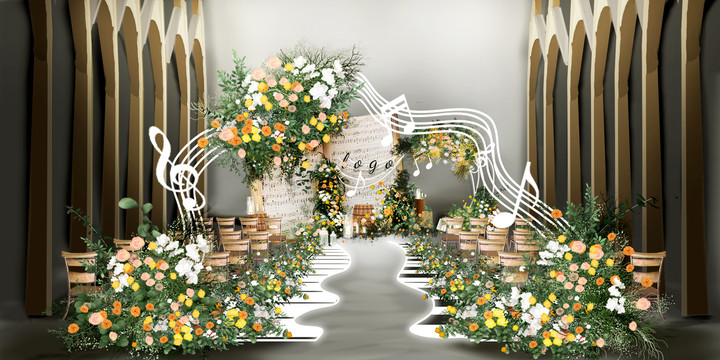 白绿橙色婚礼手绘效果图