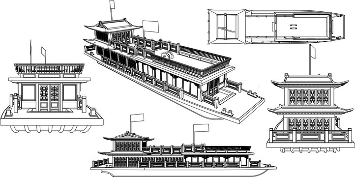 两层仿古木船立面施工图