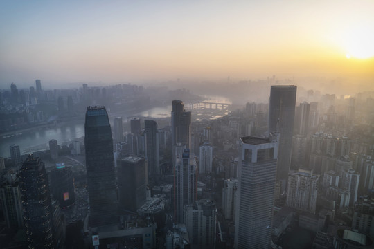 航拍重庆城市景观和黄昏日落