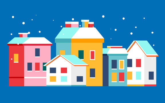 冬季建筑雪景冬天人物城市插畫