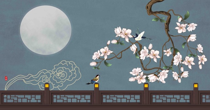 工筆玉蘭花壁畫