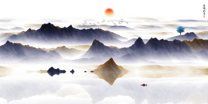 新中式輕奢意境水墨山水裝飾畫(huà)