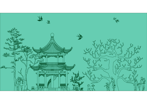 公園亭子線描稿