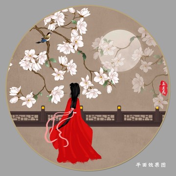 古風(fēng)玉蘭圓形花鳥