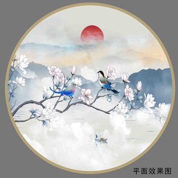 意境圓形山水花鳥圖