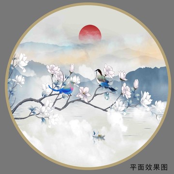 意境圆形山水花鸟图