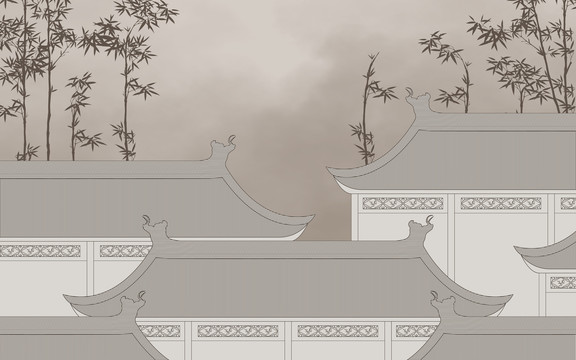 意境中式竹子閣樓背景