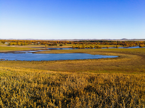 秋季草原湿地河流