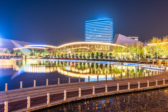 扬州明月湖大桥的城市建筑夜景