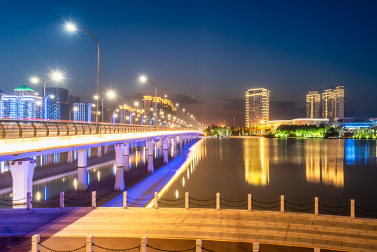 扬州明月湖大桥的城市建筑夜景