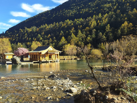 风景森林小屋溪水风景摄影