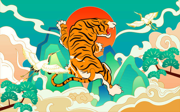 虎年春節(jié)中國風(fēng)老虎新年國潮插畫