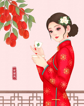 旗袍美人紅棗茶包裝插畫