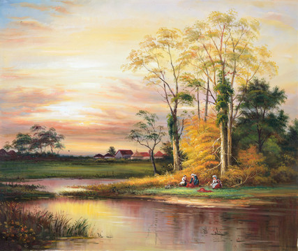 夕阳风景油画