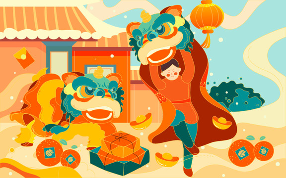 春節(jié)舞獅節(jié)日慶祝活動國潮插畫