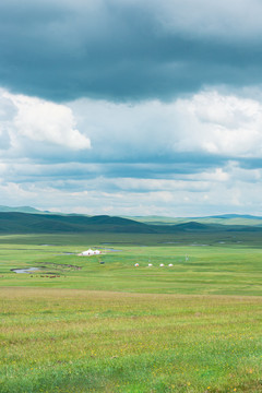 草原蒙古包河边马群