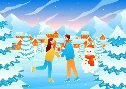 冬季情侣滑冰旅行风景矢量插画