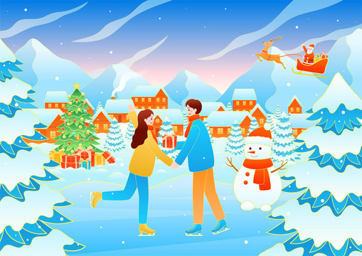 冬季圣诞节情侣滑冰风景矢量插画