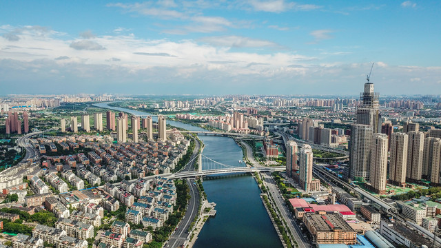 航拍天津海河两岸建筑风光