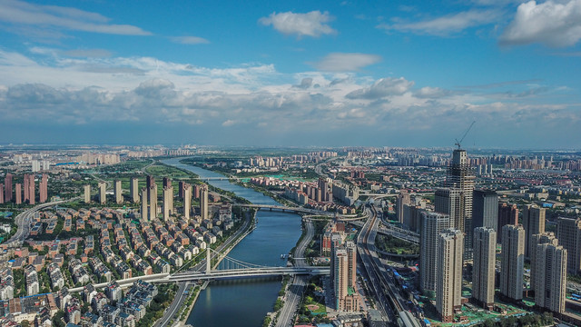 航拍天津海河两岸建筑风光