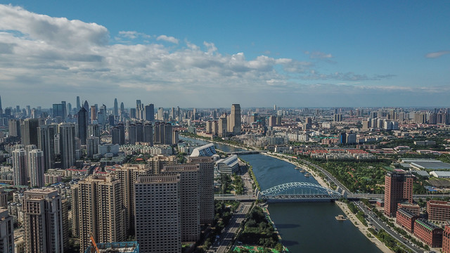 航拍天津海河两岸建筑风光