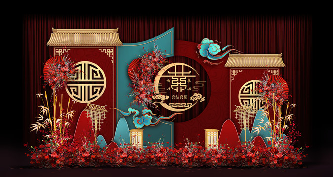 紅藍(lán)新中式婚禮手繪效果圖
