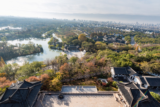 秋天俯瞰中国扬州大明寺景区