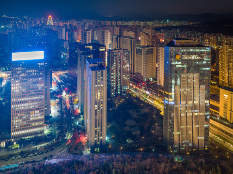 航拍济南东部新城夜景