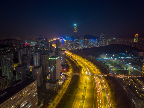 航拍济南东部新城夜景