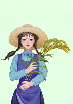 怀抱水稻的农人女孩手绘插画原创