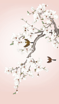 手繪工筆花鳥(niǎo)玉蘭花玄關(guān)裝飾畫(huà)